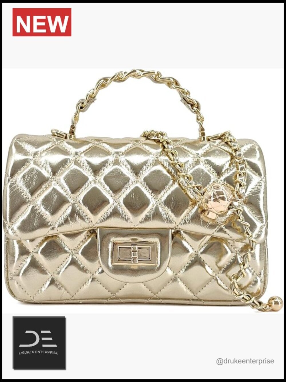 Small Quilted Leather Crossbody Bag with Gold Chain Strap